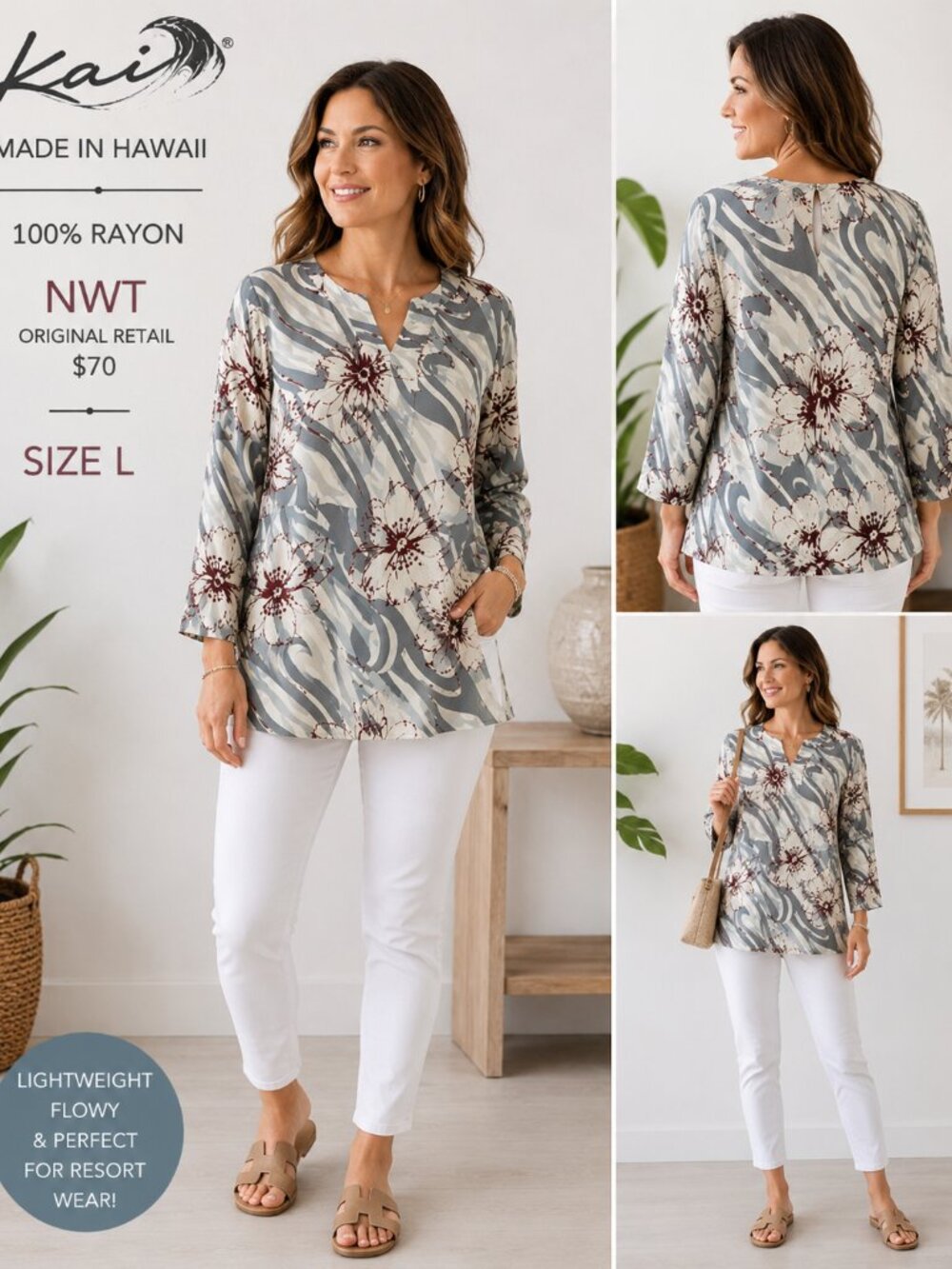 Kai Clothing Co. NWT Hawaiian Floral Abstract Print Rayon Tunic Top — Size L 🌺